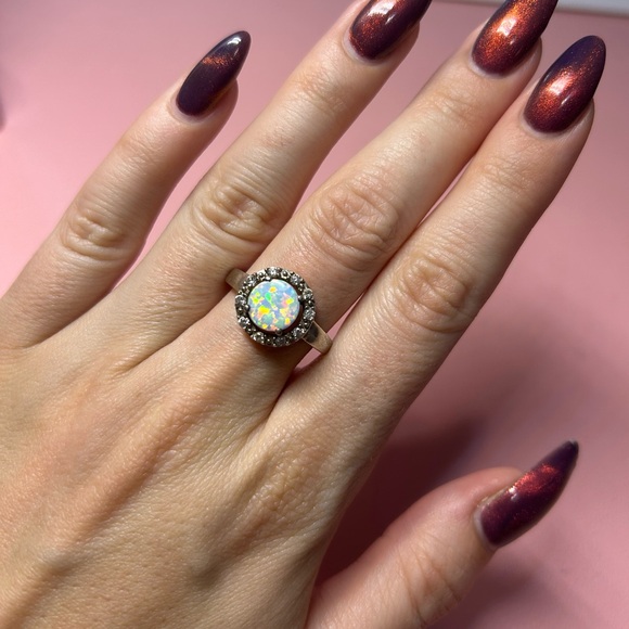 Vintage Style Opal Ring Sterling Silver Size US 7 Simulated Stone Bent Shape - Picture 5 of 6